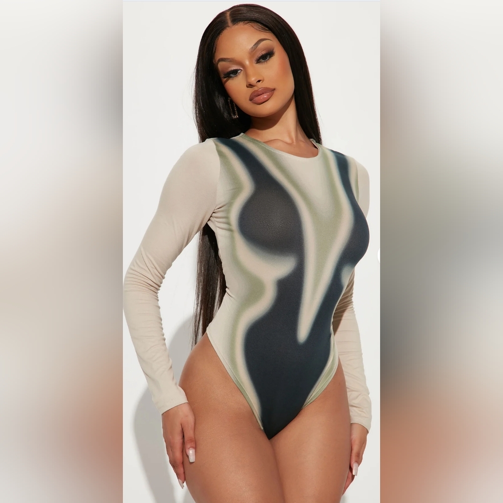 Fashion Nova 'Out of Body Experience Taupe and Black Long Sleeve Bodysuit